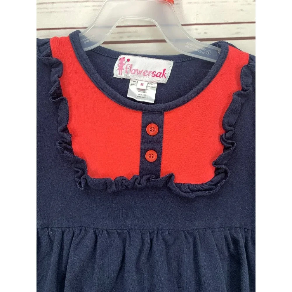 Flower Sak Navy Blue With Red Size 6 Long Sleeve Tunic Dress‎